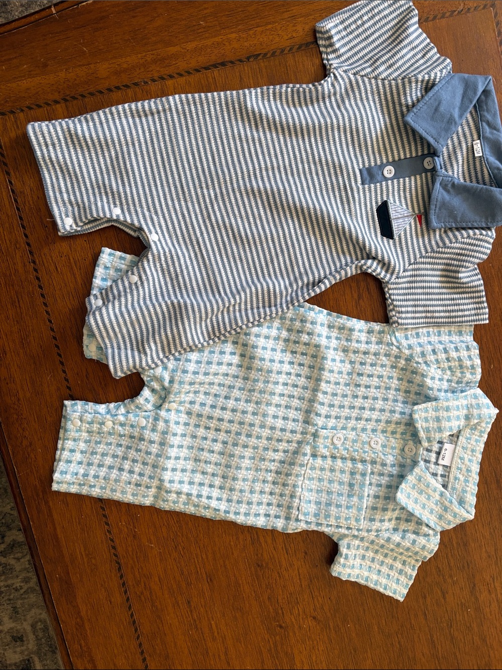 Striped Blue & White Baby Romper + Light Blue Patterned Romper - Set of 2